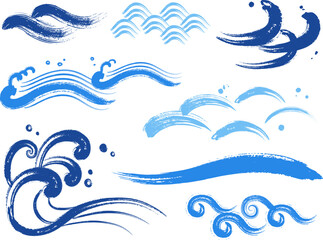 墨で描いた波のセット_青_ベクターイラスト