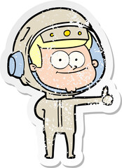 distressed sticker of a happy astronaut cartoon