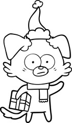 nervous dog line drawing of a with gift wearing santa hat
