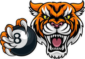 Tiger Angry Pool 8 Ball Billiards Mascot Cartoon