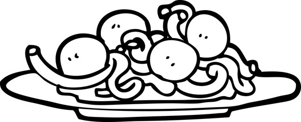 black and white cartoon spaghetti and meatballs