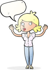 cartoon woman surrendering with speech bubble