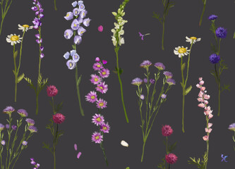 Floral pattern with flowers, background with flowers. Dried flowers pattern, field flowers, wild flowers pattern. Seamless pattern. Hand drawn detailed botanical pattern for social media, web, cards.