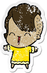 distressed sticker of a cartoon happy hipster girl
