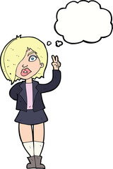 cartoon cool girl giving peace sign with thought bubble