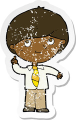 retro distressed sticker of a cartoon boy with idea