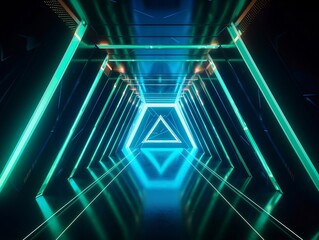 A Futuristic Neon Corridor with Geometric Triangles