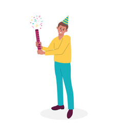 Man in a paper hat holding clapperboard with confetti. Celebration, party, birthday, anniversary, holiday, event, date concept.