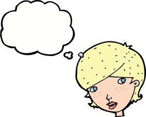 cartoon friendly woman with thought bubble