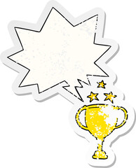cartoon sports trophy and speech bubble distressed sticker