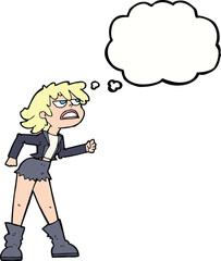 cartoon angry biker girl with thought bubble