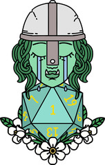 crying orc fighter character with natural one D20 roll illustration