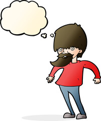 cartoon bearded man shrugging shoulders with thought bubble