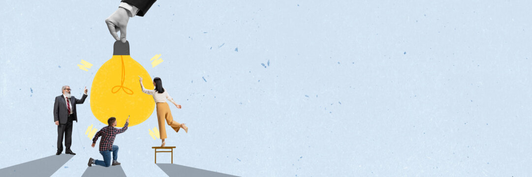 Motivated employees, office workers generating profitable ideas, standing near giant light bulb. Banner. Contemporary art collage.