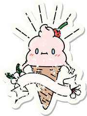 grunge sticker of tattoo style ice cream character