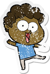 distressed sticker of a cartoon happy man