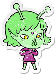 distressed sticker of a pretty cartoon alien girl