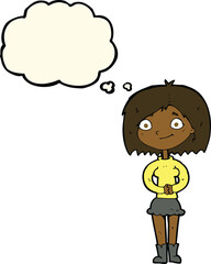 cartoon happy woman with thought bubble