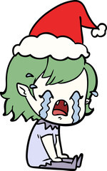 line drawing of a crying vampire girl wearing santa hat