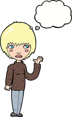 cartoon woman waving with thought bubble