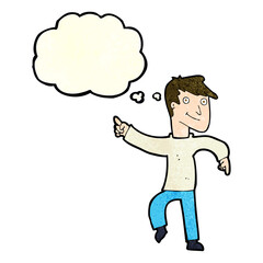 cartoon happy man pointing with thought bubble