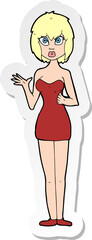 sticker of a cartoon confused woman in cocktail dress