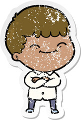 distressed sticker of a cartoon happy boy
