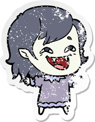 distressed sticker of a cartoon laughing vampire girl