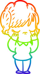 rainbow gradient line drawing cartoon woman crying