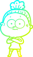 cold gradient line drawing cartoon happy old woman