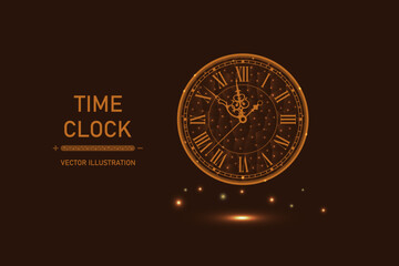 Happy New Year greeting card with glowing low poly roman numeral clock on dark orange background.	