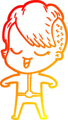 warm gradient line drawing happy cartoon girl in futuristic clothes