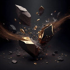 3d flying stones and pieces of gold lusury