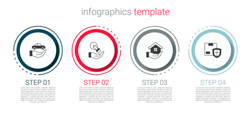 Set Car insurance, Light bulb hand, House and Delivery security with shield. Business infographic template. Vector