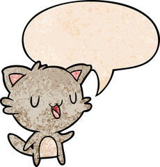 cartoon happy cat and speech bubble in retro texture style