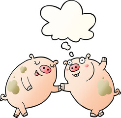 cartoon pigs dancing and thought bubble in smooth gradient style