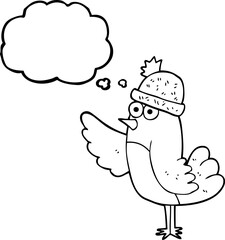 thought bubble cartoon bird wearing hat