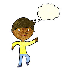 cartoon happy pointing with thought bubble