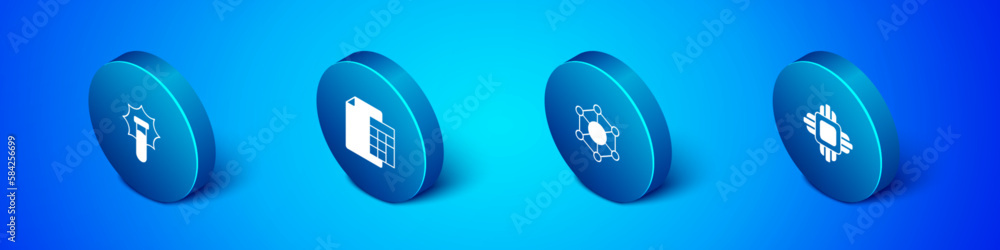 Poster set isometric explosion in the flask, molecule, processor cpu and calculator icon. vector