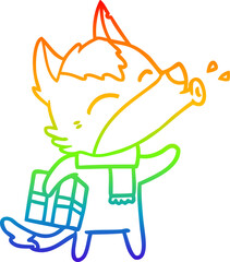 rainbow gradient line drawing howling wolf with christmas present
