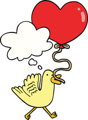 cartoon bird with heart balloon and thought bubble