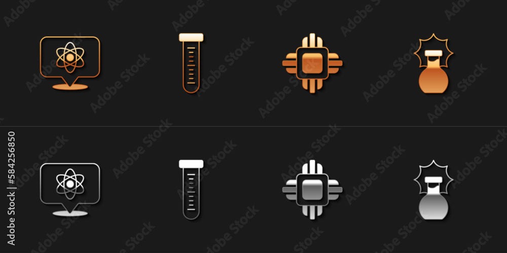 Poster set atom, test tube, processor cpu and explosion in the flask icon. vector