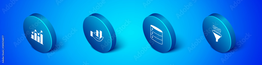 Poster set isometric pie chart infographic, server, binary code and icon. vector