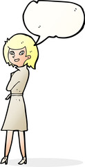 cartoon woman in trench coat with speech bubble