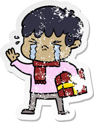 distressed sticker of a crying boy cartoon