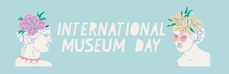 Web banner International Museum Day. Ancient Greek antique sculptures with flowers on their heads.