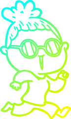 cold gradient line drawing cartoon running woman wearing spectacles