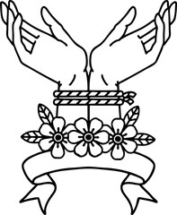 black linework tattoo with banner of hands tied