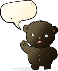 cartoon unhappy black teddy bear with speech bubble