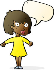 cartoon woman wearing dress with speech bubble